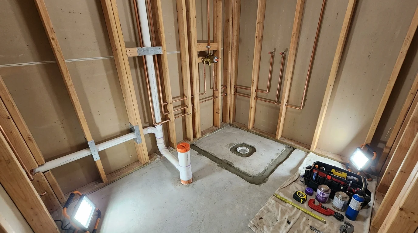 Bathroom rough-in plumbing during remodel by Johns Plumbing LLC in Harkers Island