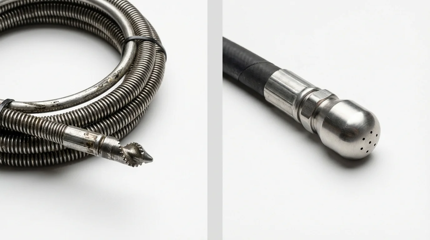 Drain snake cable and hydro jetting nozzle used for drain cleaning in Harkers Island, NC