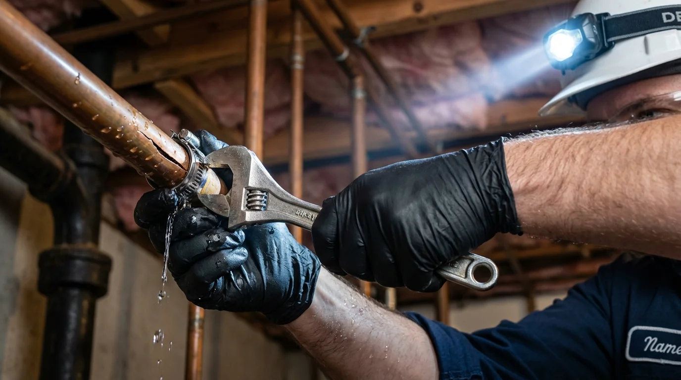 Emergency pipe clamp repair being performed by a Johns Plumbing LLC plumber in Harkers Island