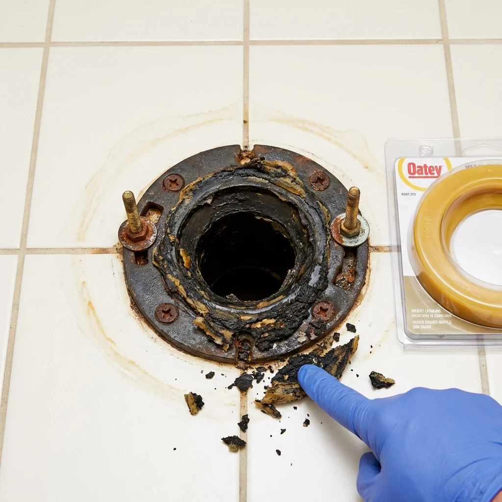 Failed wax ring showing water seepage at the base of a toilet in a Harkers Island, NC home