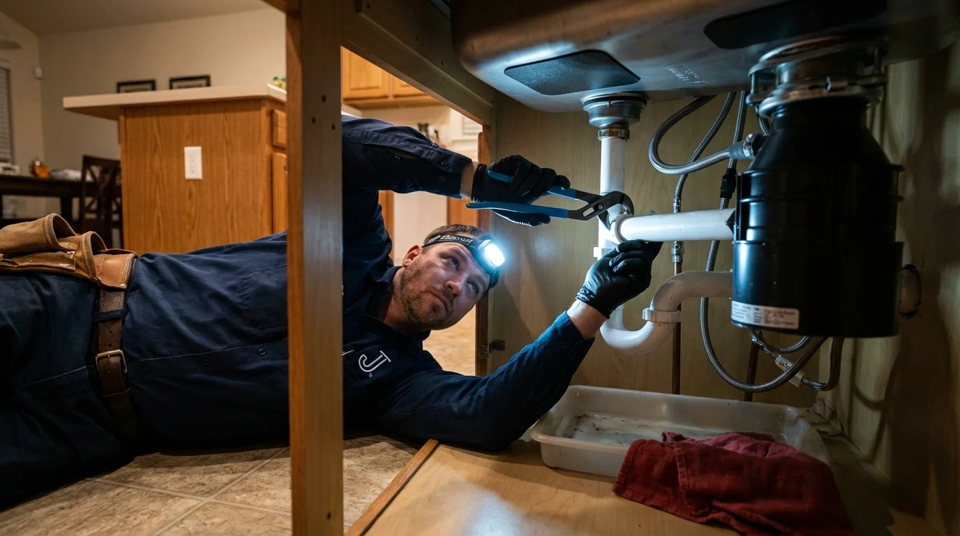P-trap and supply line connections under a kitchen sink showing a common leak point in Harkers Island, NC
